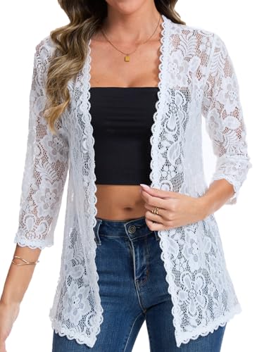 HAWILAND Bolero Damen Festlich Elegante Cardigan für Abendkleider Strickjacke Spitzen Oberteile 3/4 Arm Hochzeit Weiß M von HAWILAND