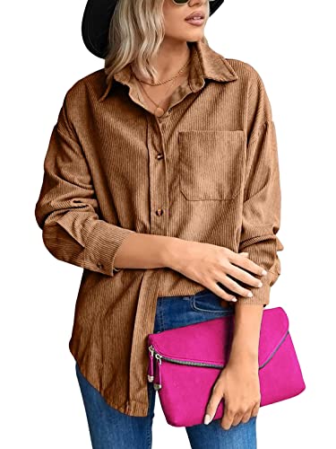 HAWILAND Cordhemd Damen - Corduroy Bluse Damen Oversize Shirt Langarm Cordjacke Vintage Hemd Y2k Clothes Frühling Herbst Braun S von HAWILAND