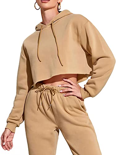 HAWILAND Crop Pullover Damen mit Reißverschluss Kurze Hoodie Sweatshirt Langarm Sportlicher Kurzer Oberteil für Sport Gym Workout #3 Khaki L von HAWILAND