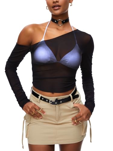 HAWILAND Damen Netz Oberteil - Transparenter Netztop One Shoulder durchsichtiges Mesh Top Rave Outfit für Party Club #1 Schwarz S HAWILAND Damen Netz Oberteil - Transparenter Netztop One Shoulder durchsichtiges Mesh Top Rave Outfit für Party Club #1 Schwarz S von HAWILAND