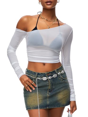 HAWILAND Damen Netz Oberteil - Transparenter Netztop One Shoulder durchsichtiges Mesh Top Rave Outfit für Party Club #1 Weiß L von HAWILAND