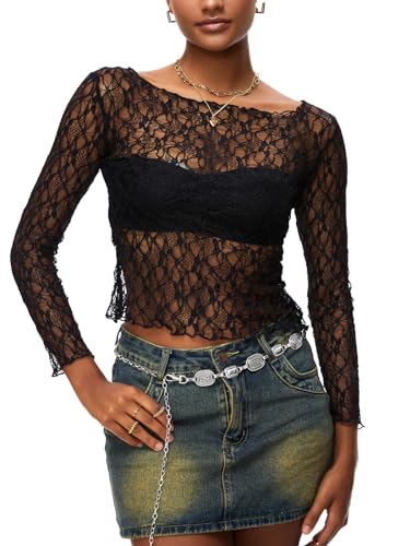 HAWILAND Damen Netz Oberteil - Transparenter Netztop One Shoulder durchsichtiges Mesh Top Rave Outfit für Party Club #2 Schwarz M von HAWILAND