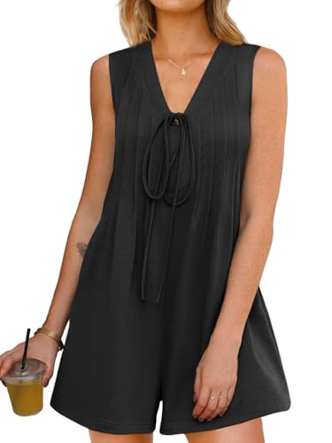 HAWILAND Jumpsuit Damen Sommer Kurz Plissee V Ausschnitt Overall Ärmellos Oberteil und Weites Bein shorts mit Taschen Schwarz L von HAWILAND