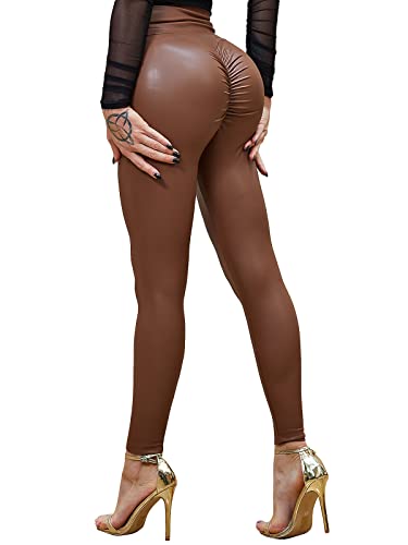 HAWILAND Leder Leggings Damen - High Waist Lederhose Booty PU Leder Leggins Lederoptik Kunstleder Strumpfhose #4 Braun S von HAWILAND