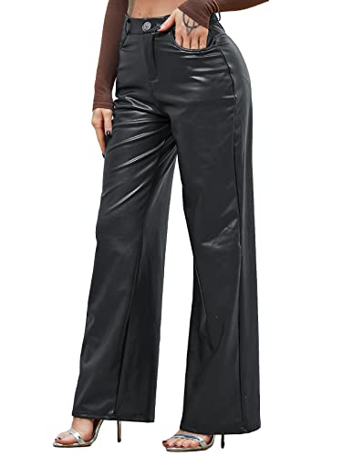 HAWILAND Leder Schlaghose Damen High Waist Bootcut Lederhose Lederoptik Wide Leg Jeans mit Taschen #1 Schwarz - Weites Bein L von HAWILAND