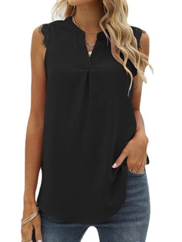 HAWILAND Oberteil Damen Lang V-Ausschnitt Ärmellose Chiffon Bluse Elegant Sommer Plissee Top mit Spitzen Schwarz M von HAWILAND