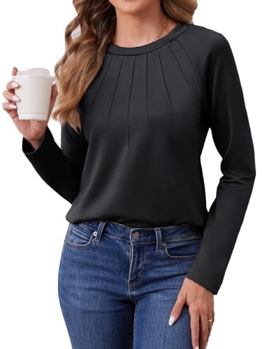 HAWILAND Plissee Langarmshirt Damen Elegant Slim Fit Rundhals Stretch Oberteil Langarm Lässig Basic Blusenshirt Schwarz L von HAWILAND