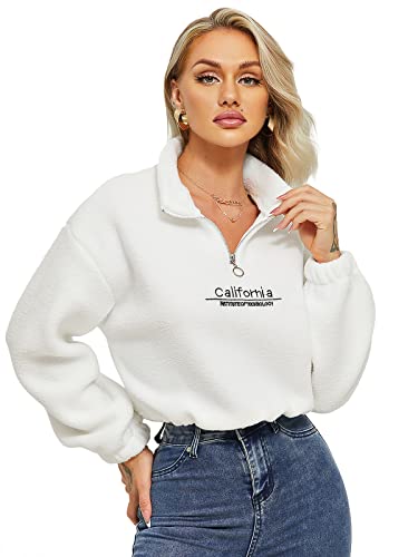 HAWILAND Pullover Damen Teddyfleece Jacke Damen Teddy Fleece Crop Hoodies Sexy Pulli Winter Plüschjacke mit Reißverschluss #1 Weiß L von HAWILAND