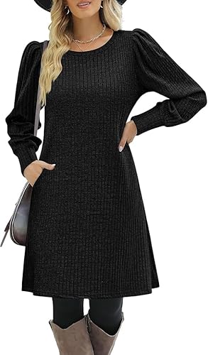 HAWILAND Pulloverkleid Damen Elegantes Langarm Strickkleid Puffärmel Knielang Freizeit Tunika Kleid für Herbst Winter Schwarz S von HAWILAND