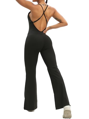 HAWILAND Rückenfreie Jumpsuit Damen - Spaghetti Strap Eng Overall mit Trägern Sport Romper einteiler Bodysuit Workout Strampler #1 Schwarz XL von HAWILAND