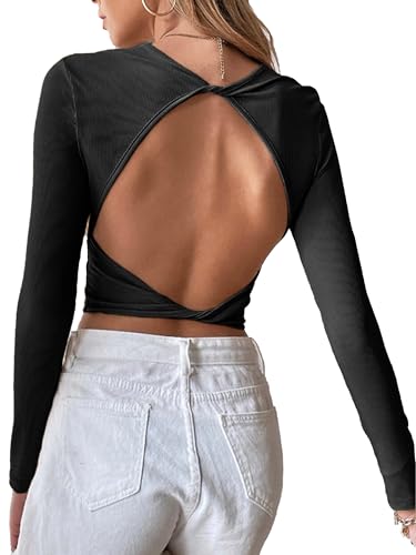 HAWILAND Rückenfreies Oberteil Damen Langarm Crop Top gedrehnter Rücken Langarmshirt Rave Outfit für Party Club Night Out #1 Schwarz XS von HAWILAND