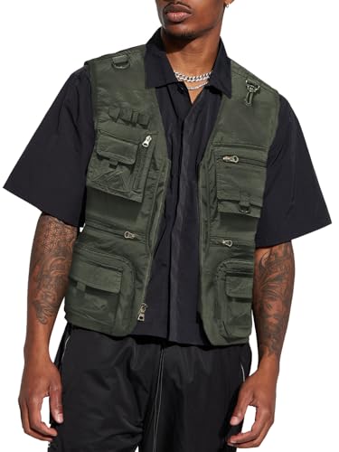 HAWILAND Safari Weste Herren mit Vielen Taschen Freizeit Ärmellose Weste Sommer Leichte Outdoor Anglerweste Armeegrün L von HAWILAND