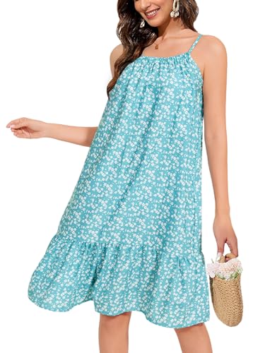 HAWILAND Sommerkleid Damen Knielang Ärmellos Spaghettiträger Kleid Leicht und Luftig Blumen Midikleid Elegant Grün M von HAWILAND