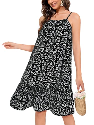 HAWILAND Sommerkleid Damen Knielang Ärmellos Spaghettiträger Kleid Leicht und Luftig Blumen Midikleid Elegant Schwarz S von HAWILAND