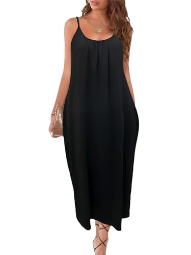 HAWILAND Sommerkleid Damen Lang Ärmellos Maxikleid Sommer Elegant Freizeitkleid mit Taschen Spagehtti Träger Schwarz S von HAWILAND