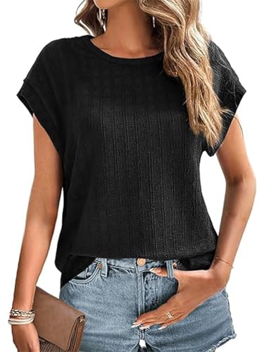 HAWILAND T-Shirt Damen Elegante Oberteil Sommer Kurzarm Struktur Basic Top Casual Rundhals Bluse Modisch Tank Top Schwarz XL von HAWILAND