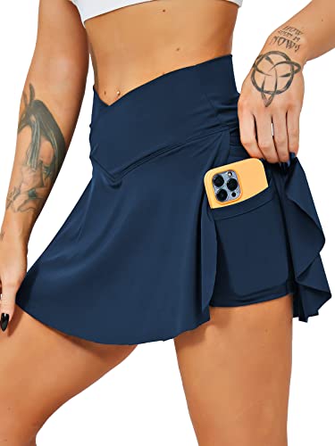 HAWILAND Tennisrock Damen - Hosenrock Crossover Waist V-Bund Tennis Skort mit Taschen Golfrock für Radfahren Wandern Laufen #1 Dunkelblau L von HAWILAND