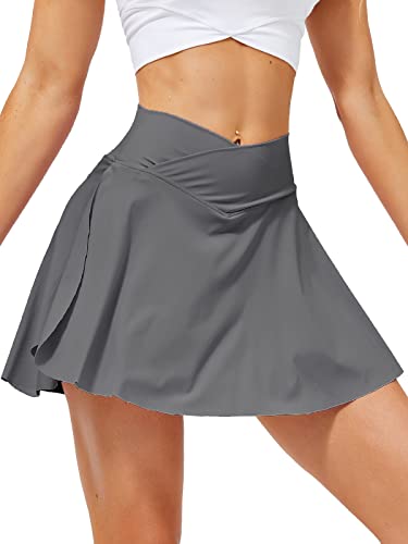 HAWILAND Tennisrock Damen - Hosenrock Crossover Waist V-Bund Tennis Skort mit Taschen Golfrock für Radfahren Wandern Laufen #1 Grau M von HAWILAND