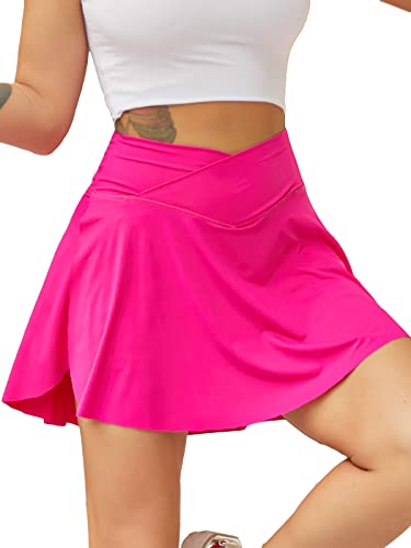 HAWILAND Tennisrock Damen - Hosenrock Crossover Waist V-Bund Tennis Skort mit Taschen Golfrock für Radfahren Wandern Laufen #1 Rosarot XL von HAWILAND