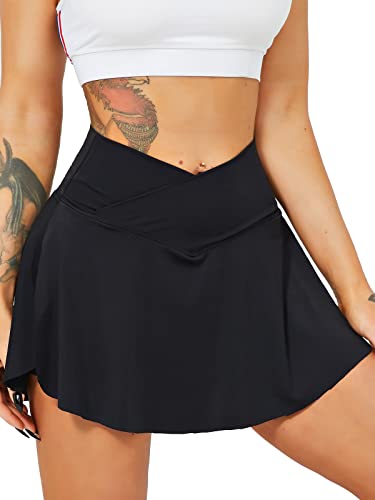 HAWILAND Tennisrock Damen - Hosenrock Crossover Waist V-Bund Tennis Skort mit Taschen Golfrock für Radfahren Wandern Laufen #1 Schwarz L von HAWILAND