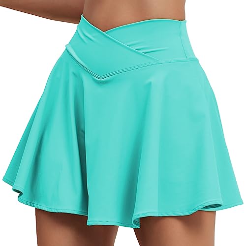 HAWILAND Tennisrock Damen - Hosenrock Crossover Waist V-Bund Tennis Skort mit Taschen Golfrock für Radfahren Wandern Laufen #5 Hell Blau S von HAWILAND