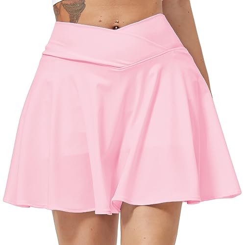 HAWILAND Tennisrock Damen - Hosenrock Crossover Waist V-Bund Tennis Skort mit Taschen Golfrock für Radfahren Wandern Laufen #5 Rosa L von HAWILAND