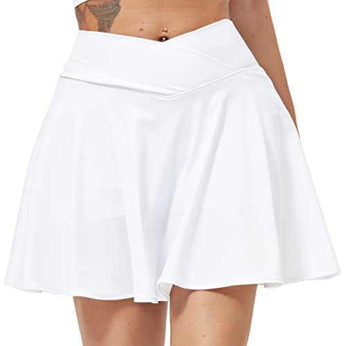 HAWILAND Tennisrock Damen - Hosenrock Crossover Waist V-Bund Tennis Skort mit Taschen Golfrock für Radfahren Wandern Laufen #5 Weiß L von HAWILAND