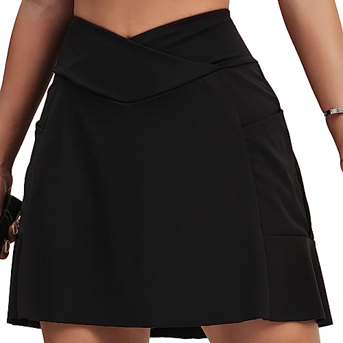 HAWILAND Tennisrock Damen - Hosenrock Crossover Waist V-Bund Tennis Skort mit Taschen Golfrock für Radfahren Wandern Laufen #7 Schwarz XS von HAWILAND