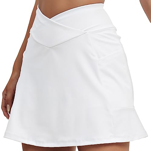 HAWILAND Tennisrock Damen - Hosenrock Crossover Waist V-Bund Tennis Skort mit Taschen Golfrock für Radfahren Wandern Laufen #7 Weiß XS von HAWILAND