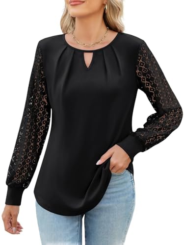 HAWILAND V Ausschnitt Bluse Damen Elegant Spitzen Durchsichtig Puffärmel Oberteil Langarm Lässig Lang Tuniken mit Falten Schwarz M von HAWILAND