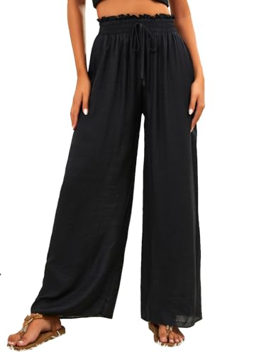 HAWILAND Weite Hose Damen Transparente Paperbag Leinenhose Sommer High Waist Bikini Cover Up Strandhose Schwarz XL von HAWILAND