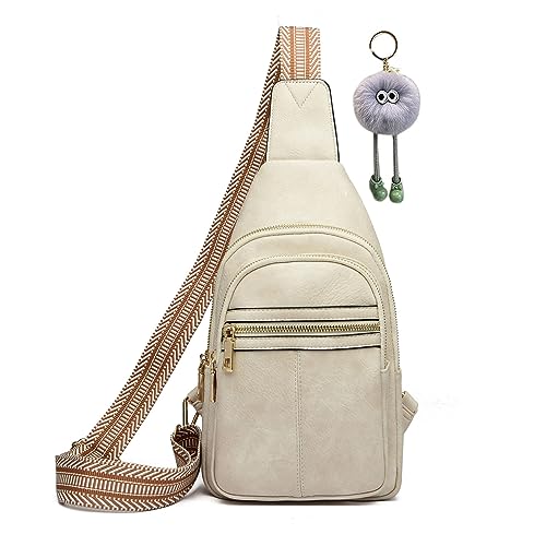 Bauchtasche Damen Stylisch Brusttasche Sling Bag Leder Umhängetasche Klein Schultertaschen Moderne Crossbody Bag Damen Breiter Gurt für iPhone 14/14PRO/13/12/11/XR (Beige) von HAWILL