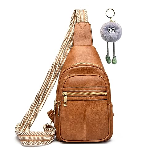 Bauchtasche Damen Stylisch Brusttasche Sling Bag Leder Umhängetasche Klein Schultertaschen Moderne Crossbody Bag Damen Breiter Gurt für iPhone 14/14PRO/13/12/11/XR (Braun) von HAWILL