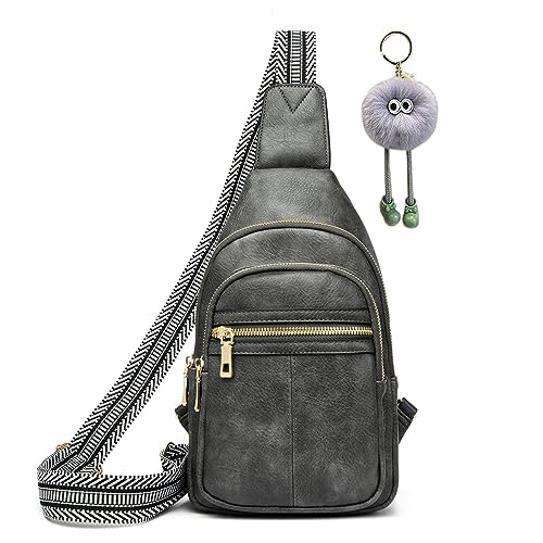 Bauchtasche Damen Stylisch Brusttasche Sling Bag Leder Umhängetasche Klein Schultertaschen Moderne Crossbody Bag Damen Breiter Gurt für iPhone 14/14PRO/13/12/11/XR (Grau) von HAWILL