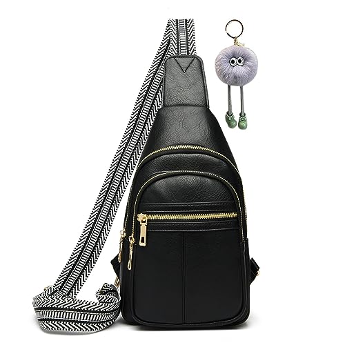 Bauchtasche Damen Stylisch Brusttasche Sling Bag Leder Umhängetasche Klein Schultertaschen Moderne Crossbody Bag Damen Breiter Gurt für iPhone 14/14PRO/13/12/11/XR (Schwarz) von HAWILL