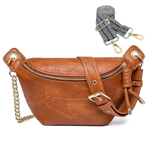 Bauchtasche Damen Stylisch Brusttasche Vintage Crossbody Bag Damen Breiter Gurt Leder Umhängetasche Klein Moderne Tasche mit Breitem Schultergurt für iPhone 14/14 Pro Max/13/12/11/XR (Braun) von HAWILL