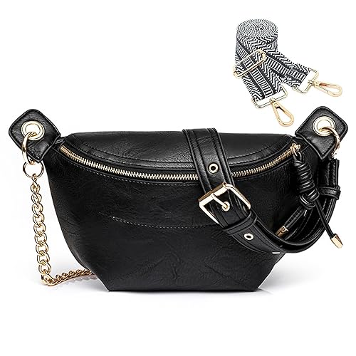 Bauchtasche Damen Stylisch Brusttasche Vintage Crossbody Bag Damen Breiter Gurt Leder Umhängetasche Klein Moderne Tasche mit Breitem Schultergurt für iPhone 14/14 Pro Max/13/12/11/XR (Schwarz) von HAWILL