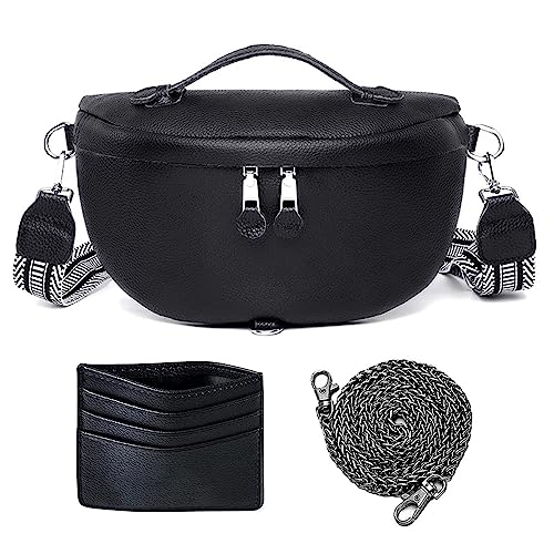 Bauchtasche Damen Stylisch Crossbody Bag Damen Breiter Gurt Veganes Leder Umhängetasche Damen Klein Gürteltasche Brusttasche Hüfttasche Moderne Taschen (Schwarz) von HAWILL