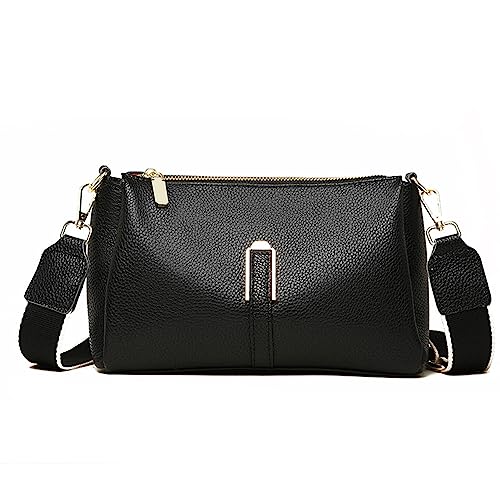 Crossbody Bag Damen Breiter Gurt, Kleine Umhängetasche Damen Handtasche Veganes Leder Retro Schultertasche Moderne Taschen mit Breitem Schultergurt (Schwarz) von HAWILL