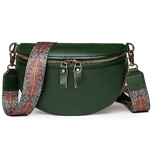 Crossbody Bag Damen Breiter Gurt Echtes Leder Bauchtasche Stylisch Brustbeutel Kleine Umhängetasche Handtasche Gürteltasche Sling Bag Moderne Taschen mit Breitem Schultergurt (Grün) von HAWILL