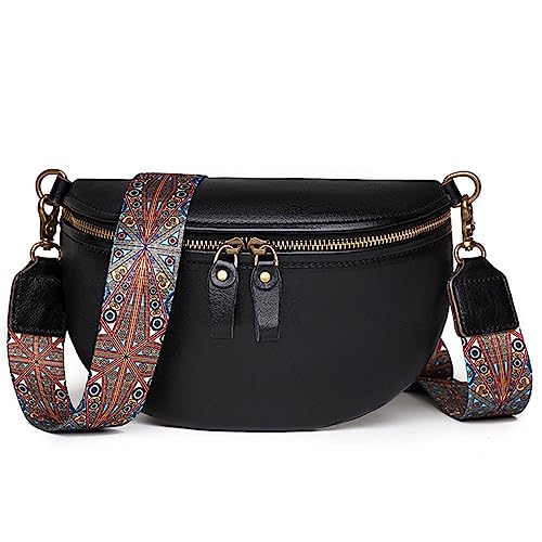 Crossbody Bag Damen Breiter Gurt Echtes Leder Bauchtasche Stylisch Brustbeutel Kleine Umhängetasche Handtasche Gürteltasche Sling Bag Moderne Taschen mit Breitem Schultergurt (Schwarz) von HAWILL