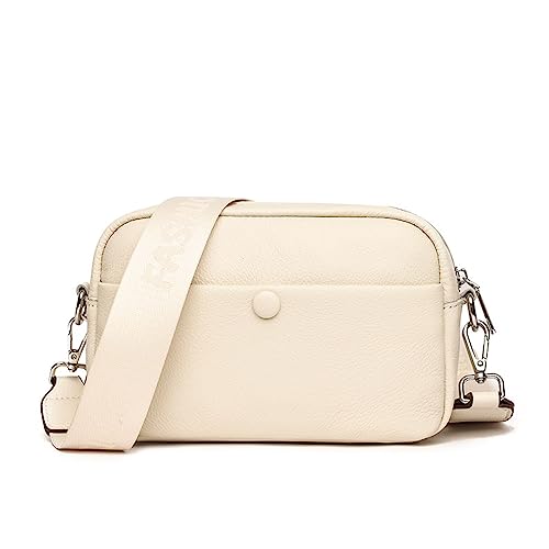 Crossbody Bag Damen Breiter Gurt Kleine Umhängetasche Leder Handtasche Schultertasche Moderne Taschen mit Breitem Schultergurt (Beige) von HAWILL