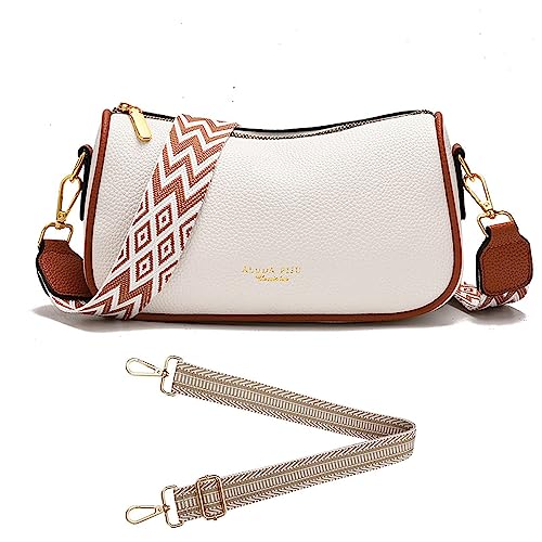 Crossbody Bag Damen Breiter Gurt Umhängetasche Kleine Handtasche Leder Schultertasche Bauchtasche Brusttasche Moderne Taschen mit Breitem Schultergurt für iPhone, Handy bis zu 7" (Beige) von HAWILL