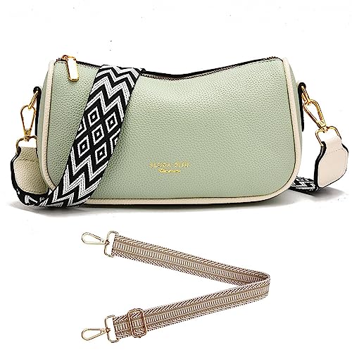 Crossbody Bag Damen Breiter Gurt Umhängetasche Kleine Handtasche Leder Schultertasche Bauchtasche Brusttasche Moderne Taschen mit Breitem Schultergurt für iPhone, Handy bis zu 7" (Grün) von HAWILL