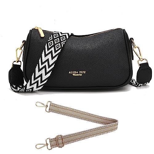 Crossbody Bag Damen Breiter Gurt Umhängetasche Kleine Handtasche Leder Schultertasche Bauchtasche Brusttasche Moderne Taschen mit Breitem Schultergurt für iPhone, Handy bis zu 7" (Schwarz) von HAWILL