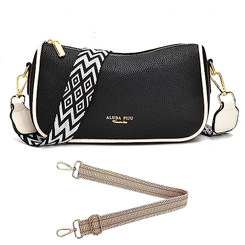 Crossbody Bag Damen Breiter Gurt Umhängetasche Kleine Handtasche Leder Schultertasche Bauchtasche Brusttasche Moderne Taschen mit Breitem Schultergurt für iPhone, Handy bis zu 7" (Schwarz und Weiß) von HAWILL