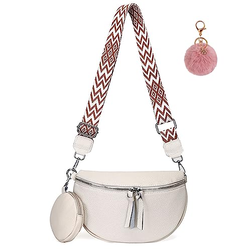 HAWILL® Bauchtasche Damen Crossbody Bag Breiter Gurt Gürteltasche Leder Stylisch mit Münze Geldbörse Umhängetasche Klein Hüfttaschen Moderne Taschen mit Breitem Schultergurt (Beige) von HAWILL