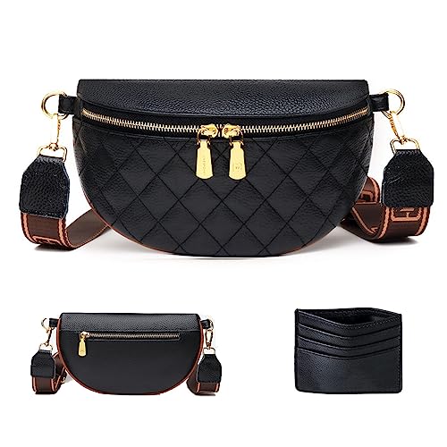 HAWILL® Bauchtasche Damen Crossbody Bag Damen Breiter Gurt Umhängetasche Klein Gürteltasche Leder Brusttasche Linge Hüfttasche mit Reiverschluss und Abnehmbar Schultergurt (Schwarz) von HAWILL