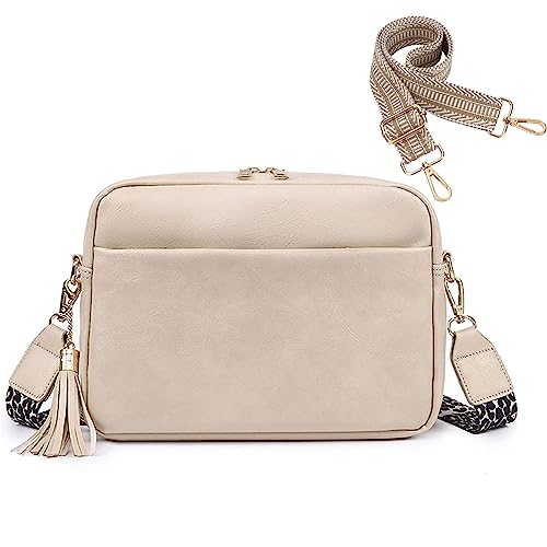 HAWILL® Crossbody Bag Damen Breiter Gurt Umhängetasche Klein Moderne Taschen mit Breitem Crossbag Leder Messenger Tasche mit 3 Reißverschlussfächer und Verstellbar Abnehmbar Schultergurt (Beige) von HAWILL