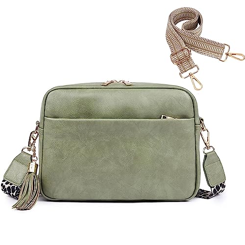 HAWILL® Crossbody Bag Damen Breiter Gurt Umhängetasche Klein Moderne Taschen mit Breitem Crossbag Leder Messenger Tasche mit 3 Reißverschlussfächer und Verstellbar Abnehmbar Schultergurt (Mintgrün) von HAWILL